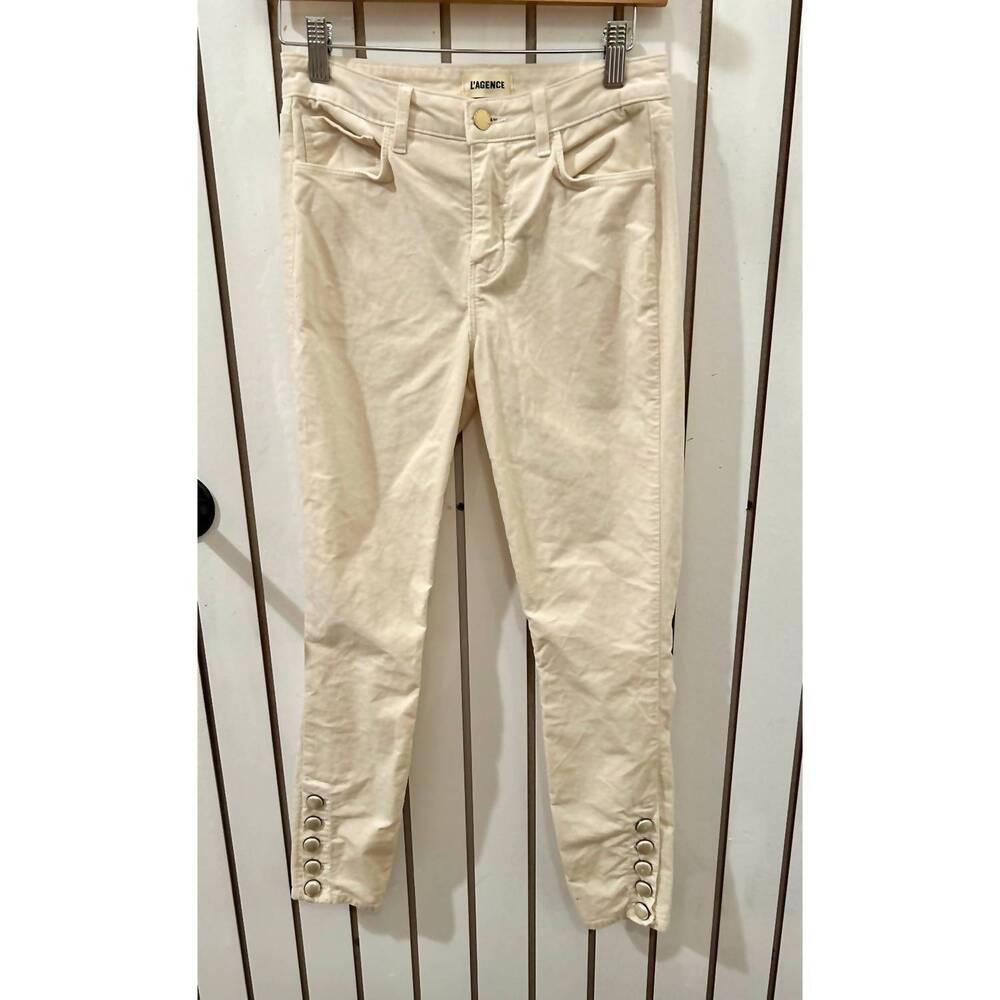 NEW L'AGENCE women's velvet pants with pearl detail in cream